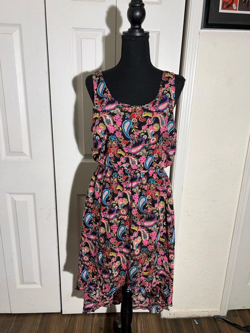 Mudd Black Midi Dress with Pink & Blue Paisley Floral Print